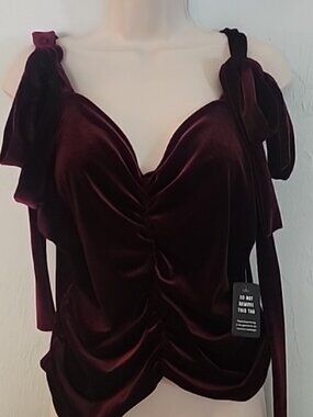 Express Burgundy Crop Velour Bow Shoulder Tie Strap Top Sz L